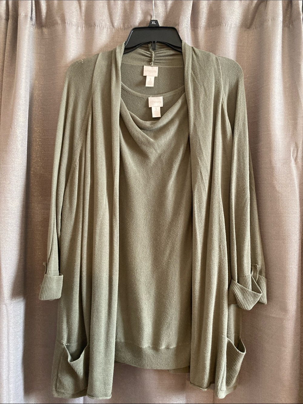 Chico's Olive Open-Front Draped Cardigan with Pockets